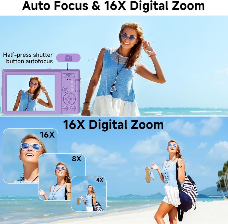 ceye Digital Camera, FHD 4K 44MP Digital Camera, 16X Digital Zoom, Digital Point and Shoot Camera with 3-LED Fill Lights, 64GB SD Card, Compact Camera for Kids Teen Boys Girls, Purple - Image 5